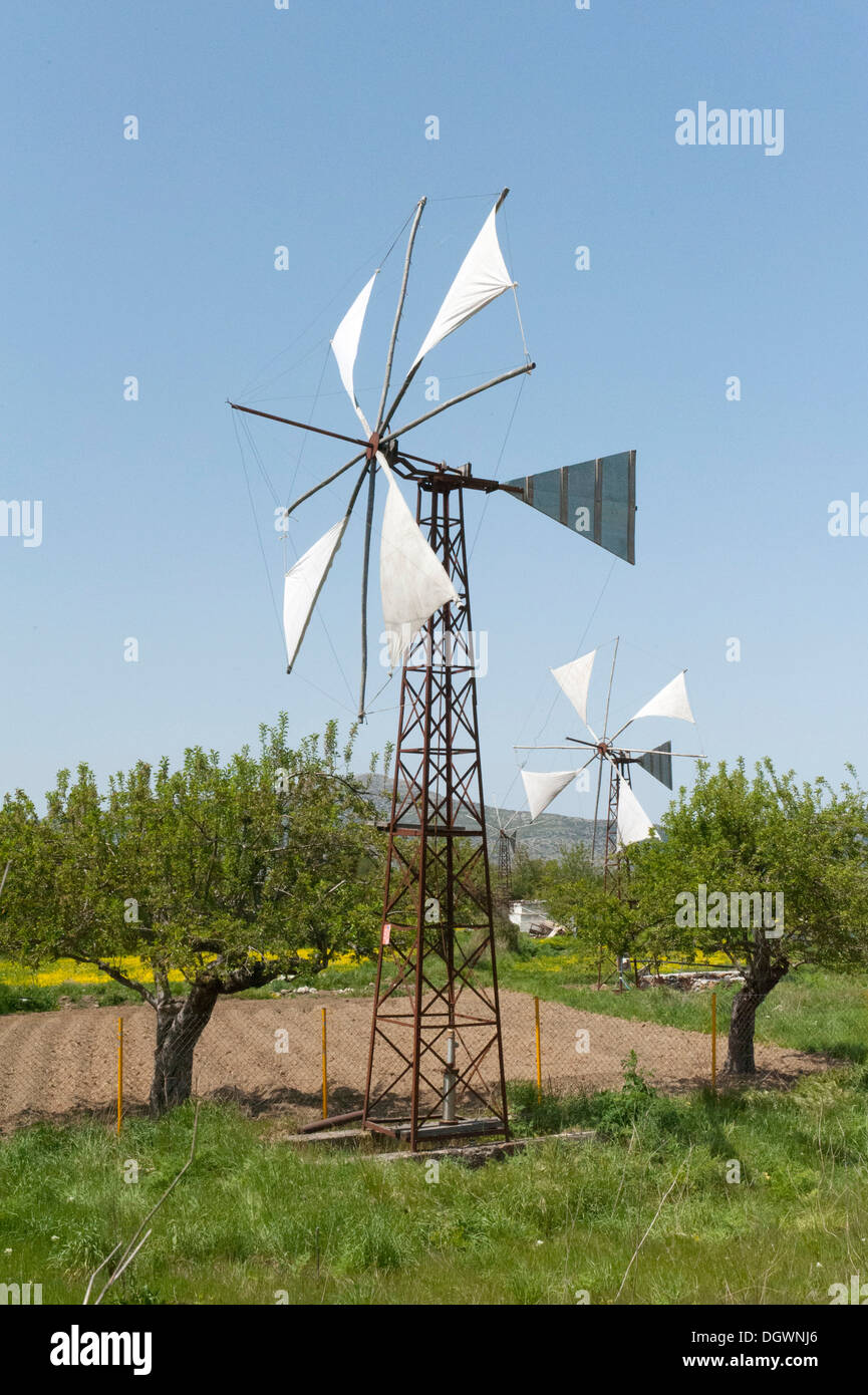 Wind energy, windmill used as a water pump for irrigation, Psychro, Lasithi Plateau, Crete, Greece, Europe Stock Photo