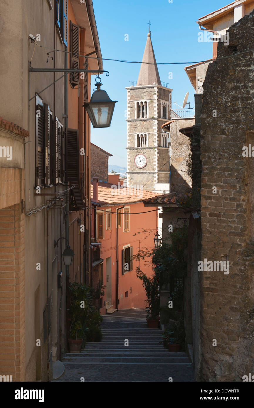 Alley with steps, Via Thomas Mann street, view of the spire of the