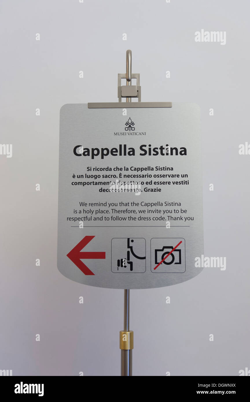 Signpost, silence, no photography, Sistine Chapel, Vatican Museums, Vatican, Vatican City, Rome, Lazio, Italy, Southern Europe Stock Photo
