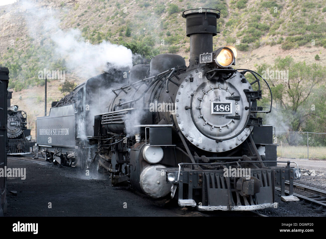 Historic railway steam locomotive in the Durango and Silverton Narrow Gauge Railroad, narrow gauge, Durango, Colorado Stock Photo
