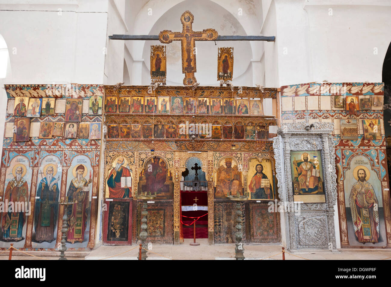 Greek Orthodox Church, St. Barnabas Monastery Church and Icon Museum, many icons, iconostasis, open gate to the sanctuary Stock Photo
