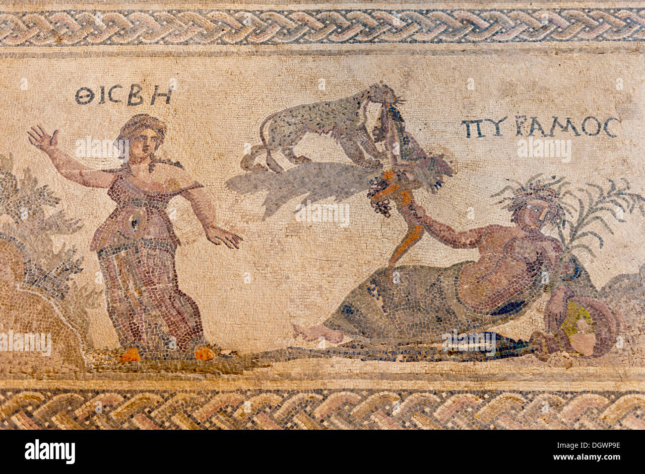 Archaeological excavation site, mosaic of Pyramus and Thisbe, Roman mythology, House of Dionysos, Archäologischer Park Paphos Stock Photo