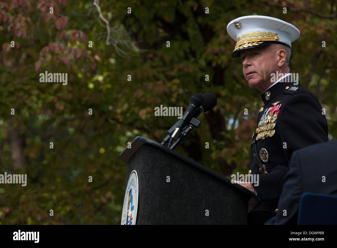 U.S. Marine Corps Gen. James F. Amos, 35th commandant of the Marine Corps, speaks at the 30th Beirut Memorial Observance Ceremony at the Beirut Memorial in Jacksonville, N.C., Oct. 23, 2013. The city of Jacksonville holds a ceremony every year in honor an Stock Photo