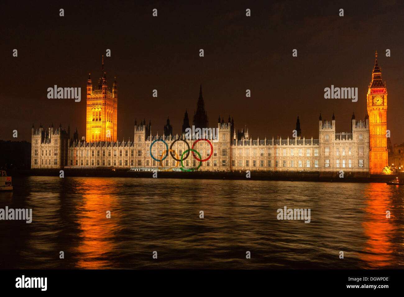 Olympic rings, projection on the facade, Houses of Parliament, Big Ben, Olympic Games 2012, Unesco World Heritage Site, London Stock Photo