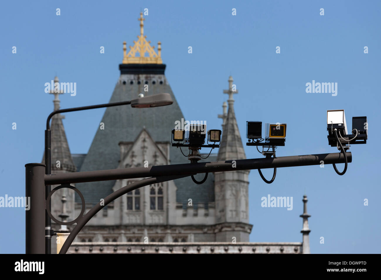 Surveillance cameras, video surveillance, in front of a tower of Tower