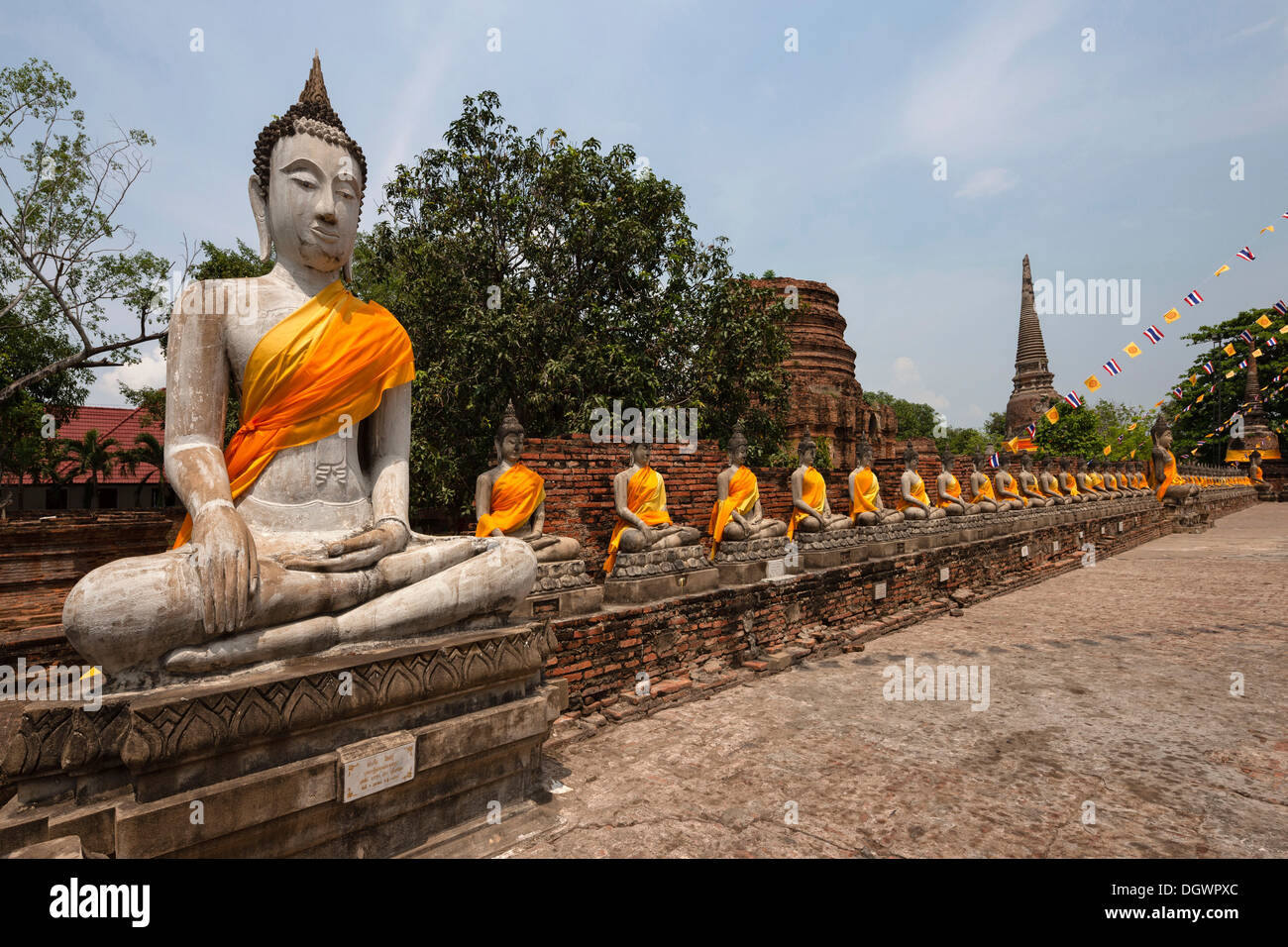 Seated Buddha statues in the garden of Wat Yai Chai Mongkon, Ayutthaya, Thailand, Asia Stock Photo
