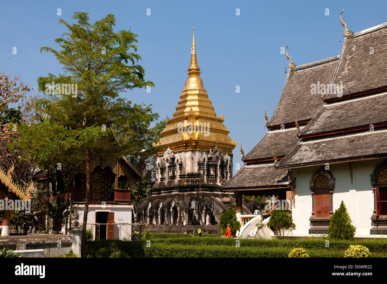 Chedi with elephant statues, Wat Chiang Man, Chiang Mai, Northern Thailand, Thailand, Asia Stock Photo