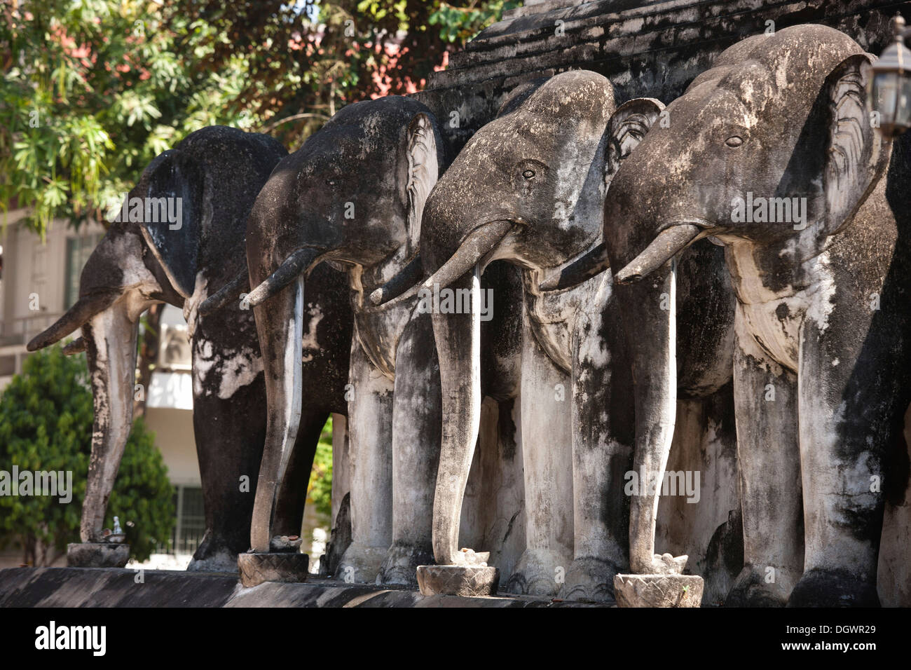 Elephant statues at the base of the Chedi, Wat Chiang Man, Chiang Mai, Northern Thailand, Thailand, Asia Stock Photo
