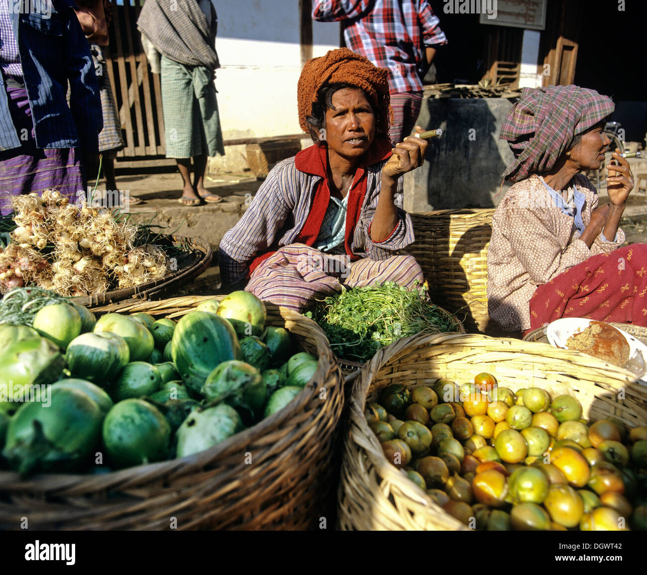 Women selling fruits and vegetables at a market, Taunggyi, Shan Stock