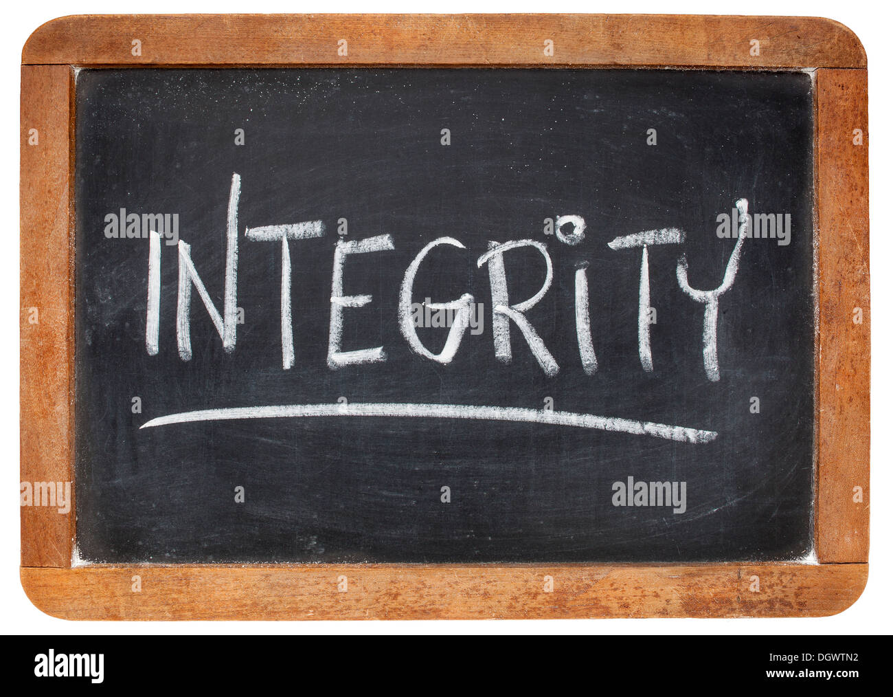 integrity word white chalk handwriting on a vintage slate blackboard