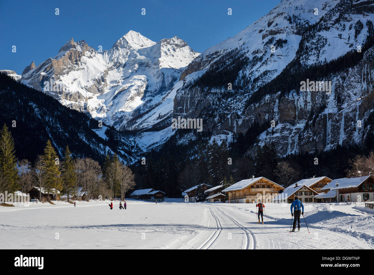 Cross-country skiers in a winter landscape, Blueemlisalp Massif in the middle, Bernese Alps, Kandersteg, Canton of Bern Stock Photo
