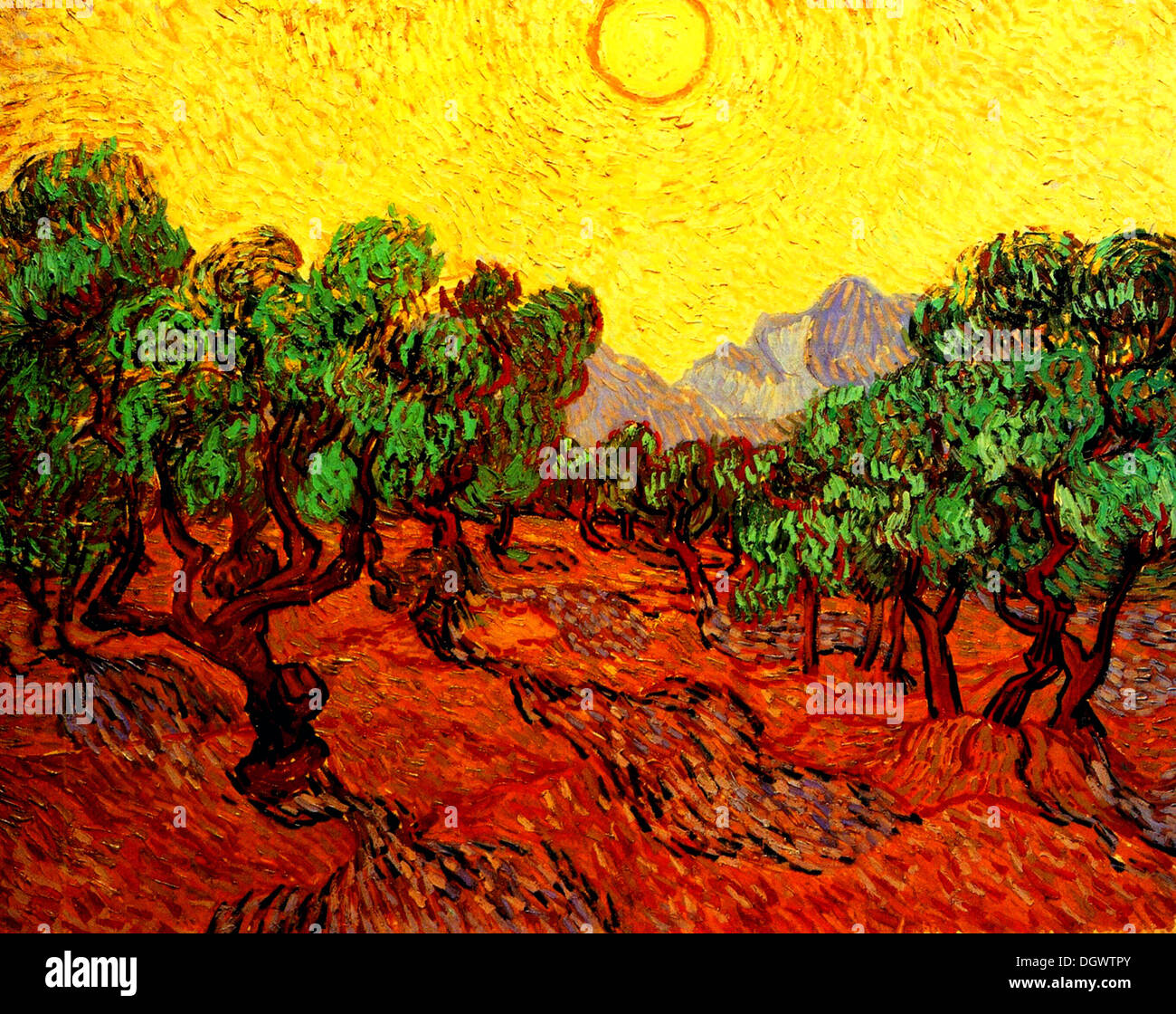 van gogh olive trees with yellow sky and sun