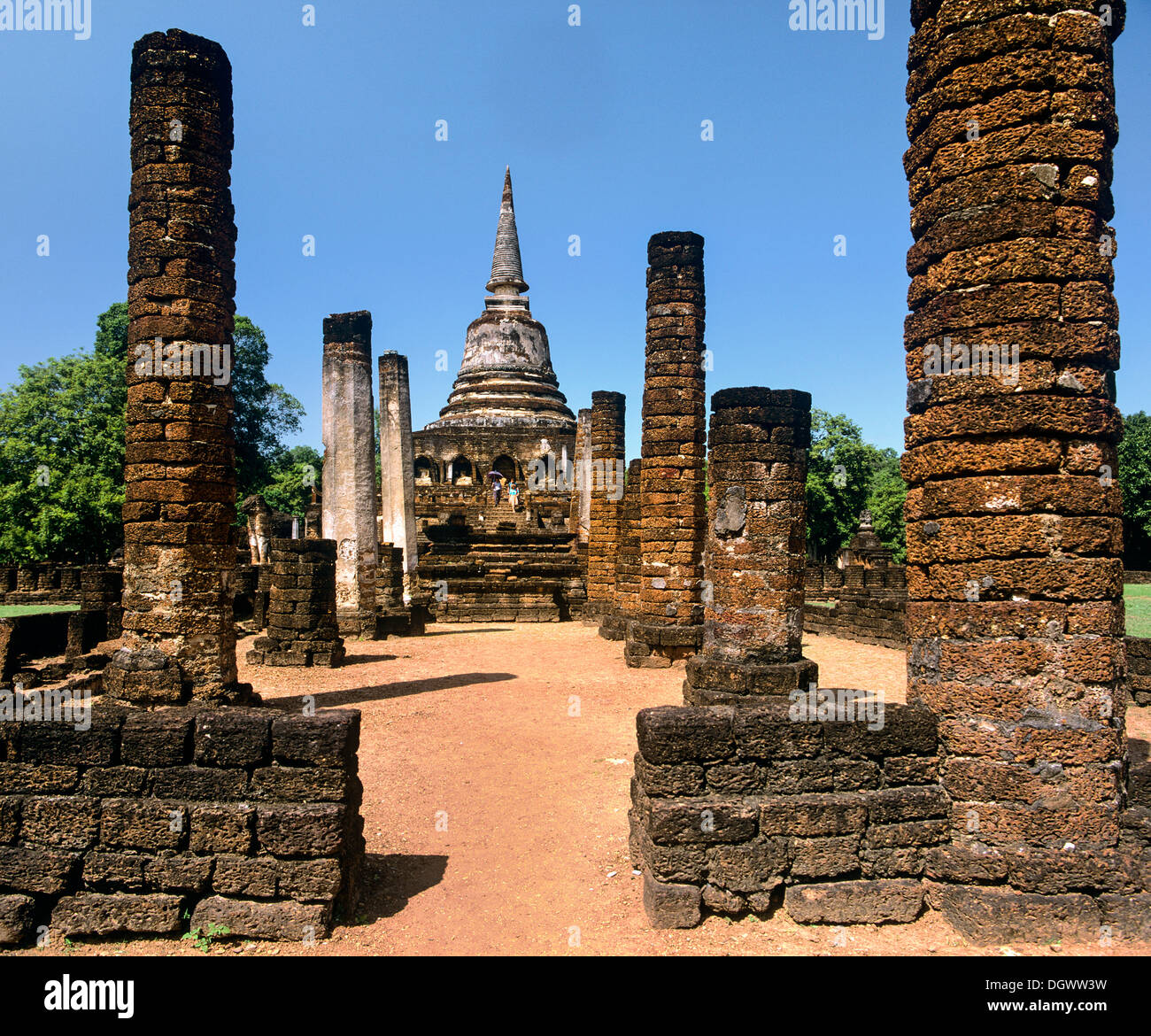 Pillars in front of Wat Chang Lom, step pyramid, Si Satchanalai Historical Park, Si Satchanalai, Sukhothai Province Stock Photo