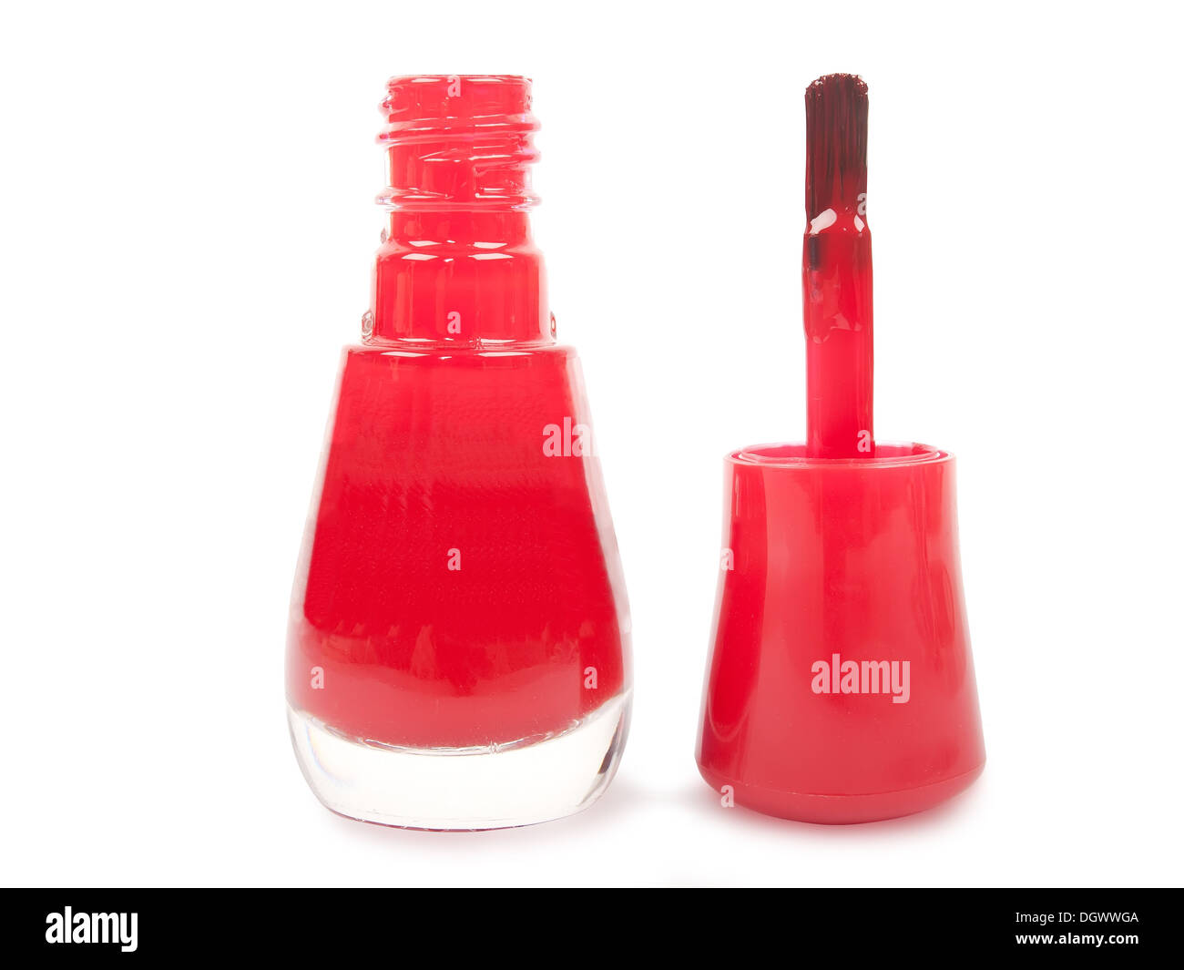 bottle of red nail polish and brush isolated on white background Stock Photo
