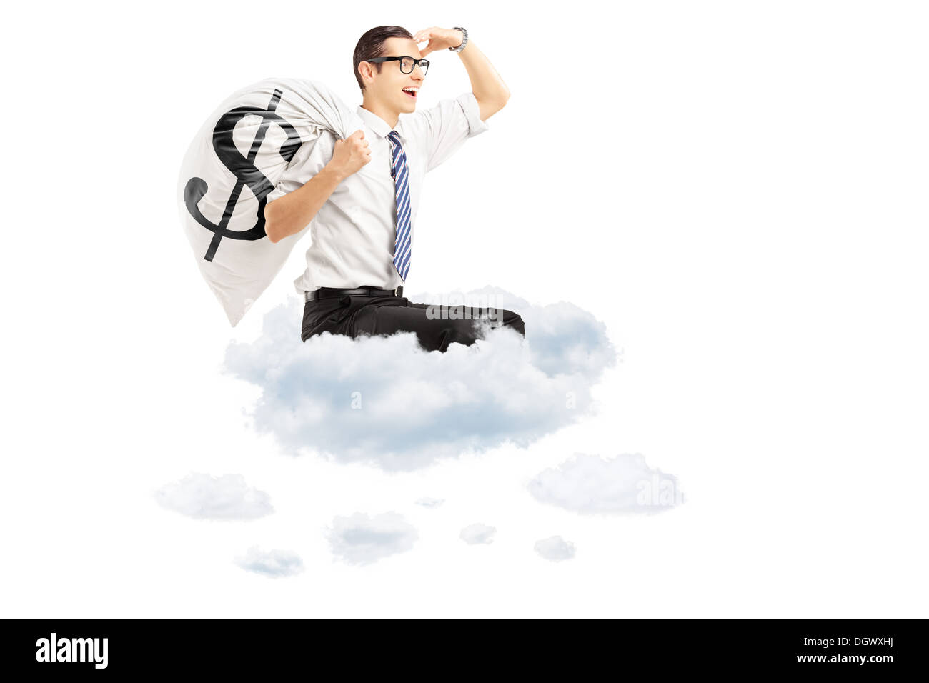 Young businessman with a money bag with US dollar sign flying on clouds ...