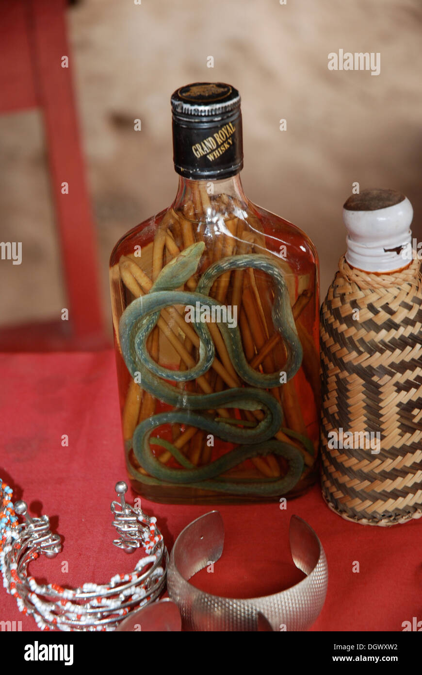 Vietnamese snake whisky. A bottle of whisky with a  whole snake and spices Stock Photo