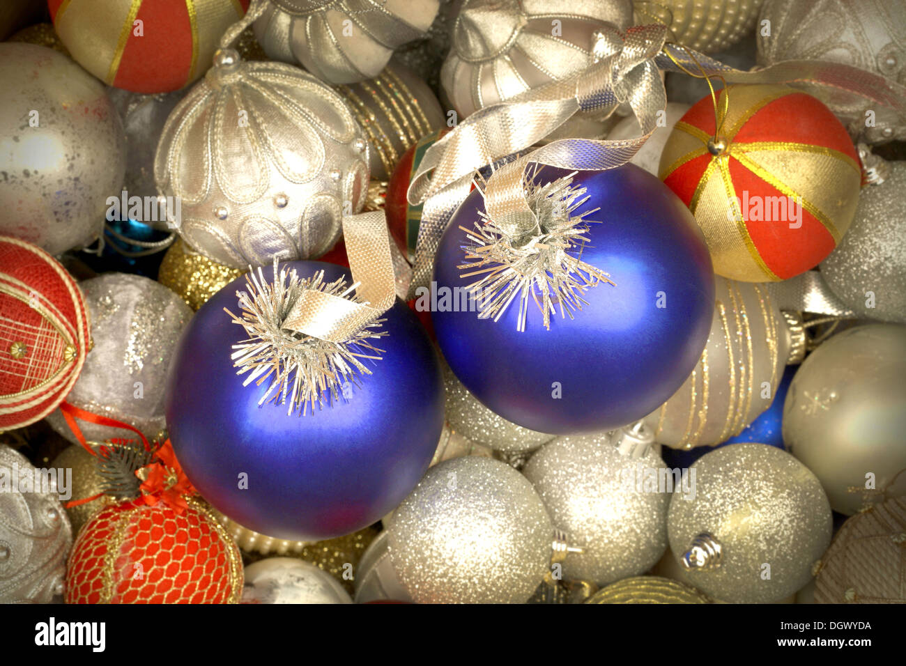 Mix of white, blue and golden red Christmas balls Stock Photo