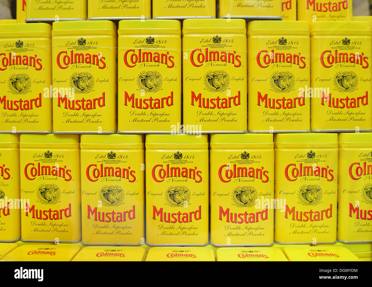 Cans of Colman Mustard in window of Colman's Mustard Shop & Museum, The Royal Arcade, Norwich, Norfolk, England, United Kingdom Stock Photo
