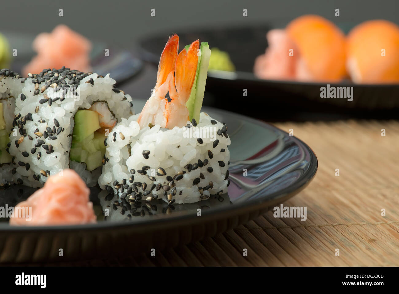 Plate of sushi in restaurant Stock Photo