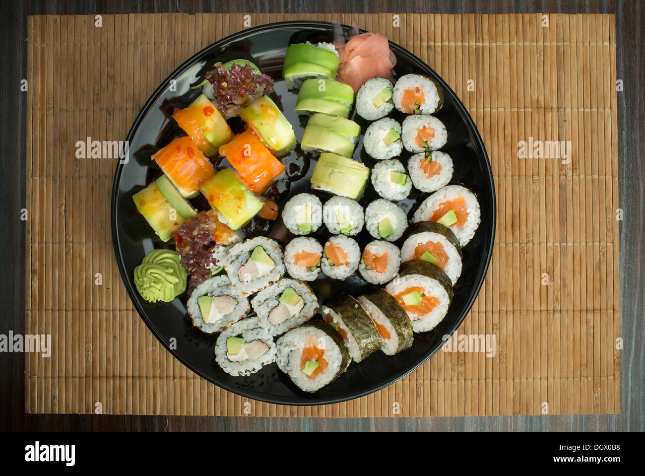 Plate of sushi in restaurant Stock Photo