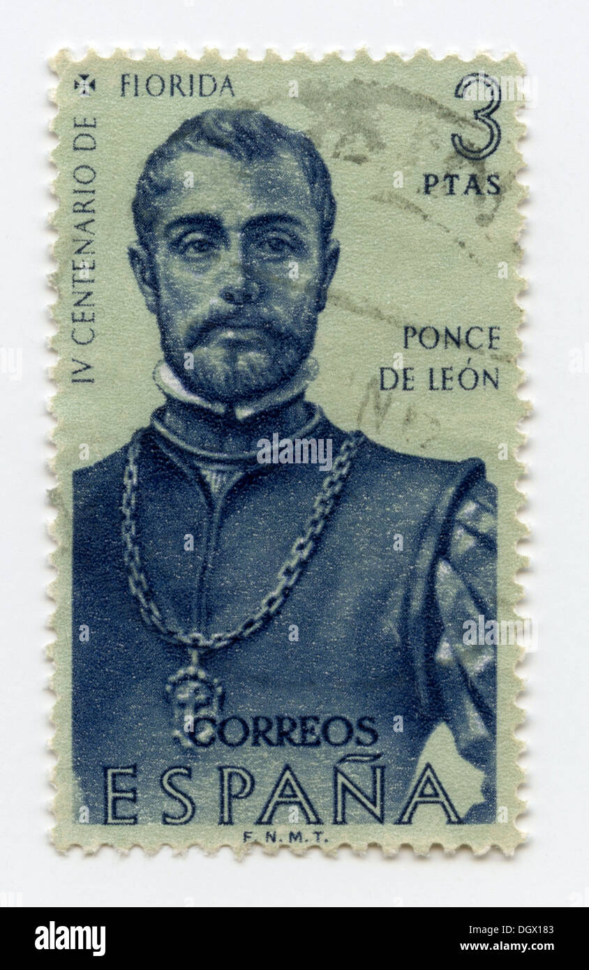 Spain postage stamp depicting Juan Ponce de León, a Spanish explorer, conquistador, and the first Governor of Puerto Rico Stock Photo
