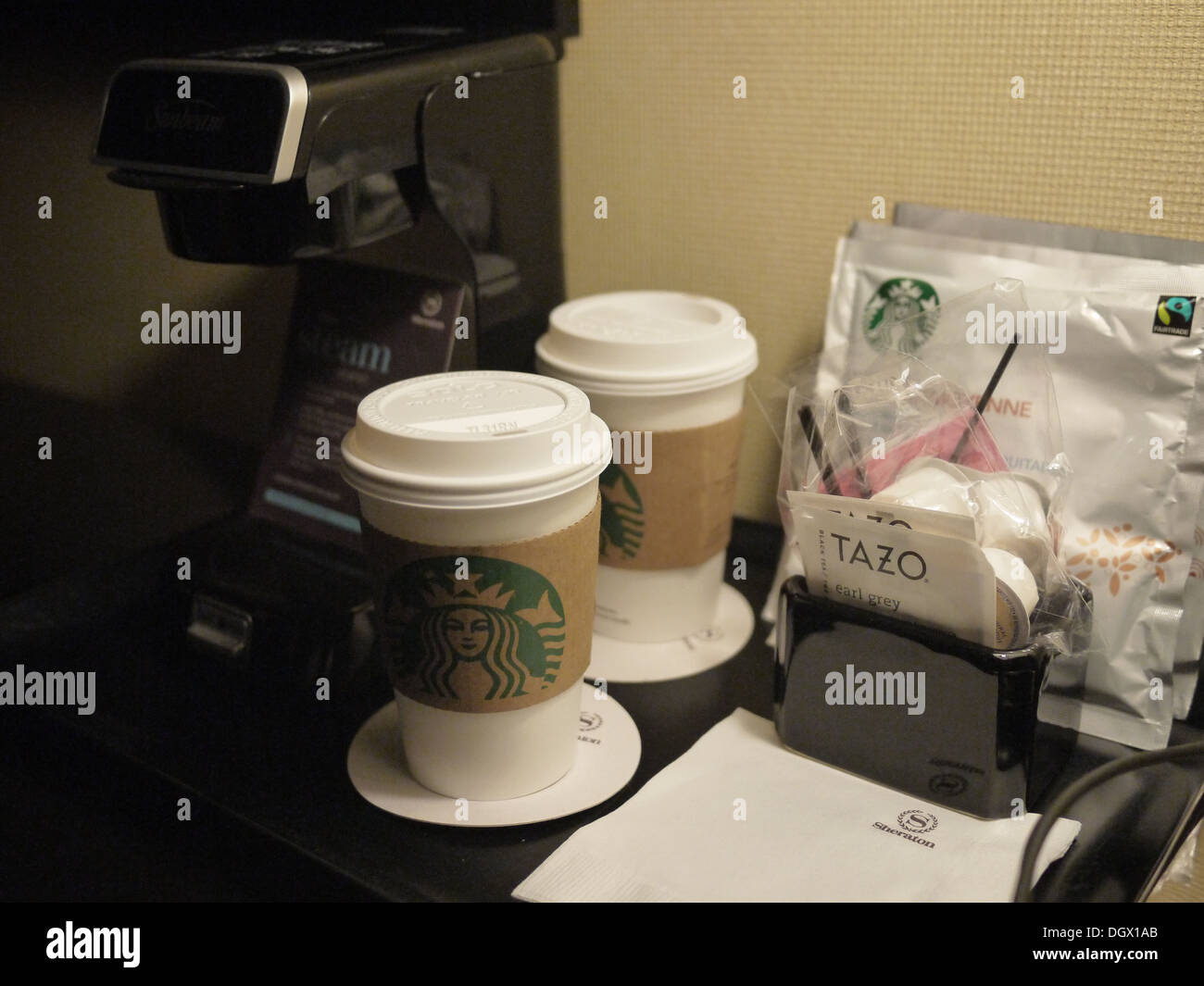 starbuck cups coffee machine hotel Stock Photo