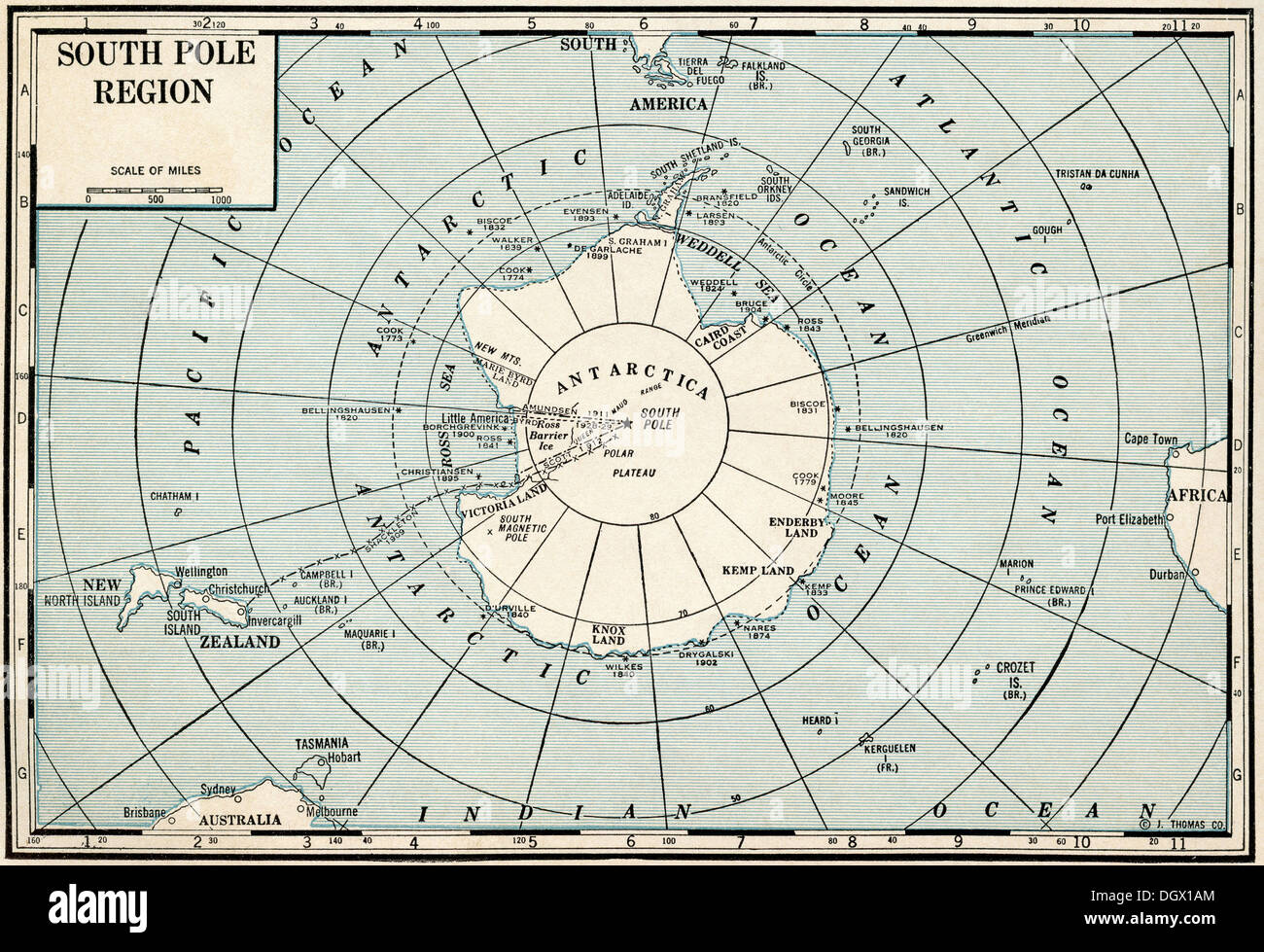 Old map of South Pole, Antarctica, 1930's Stock Photo