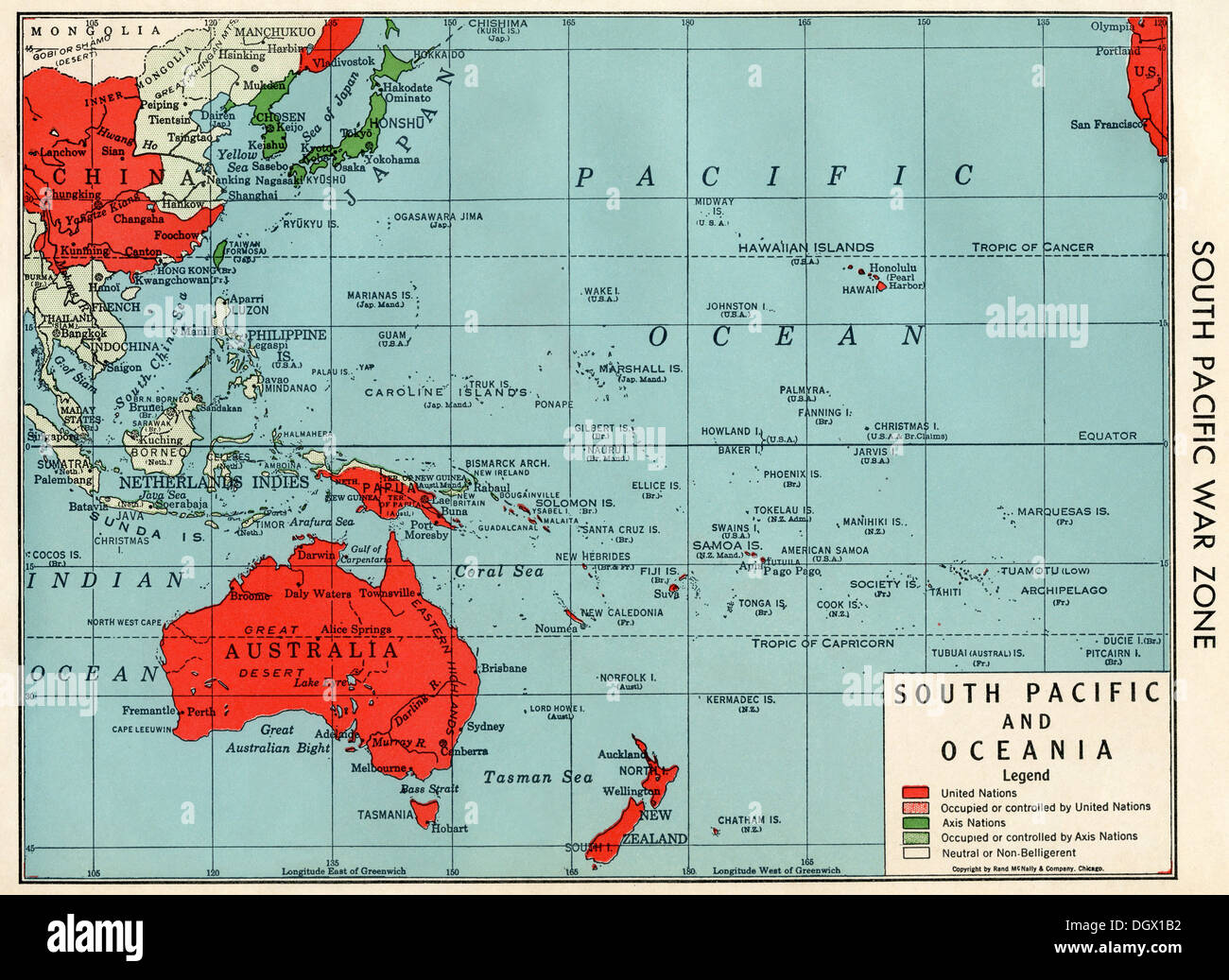 Old map of South Pacific War Zone in WWII, 1940's Stock Photo
