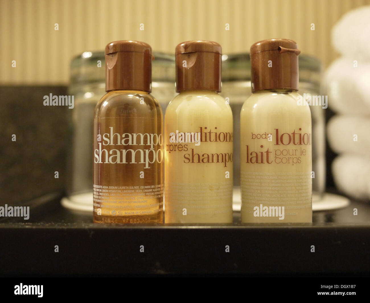 sheraton hotel shampoo conditioner lotion Stock Photo