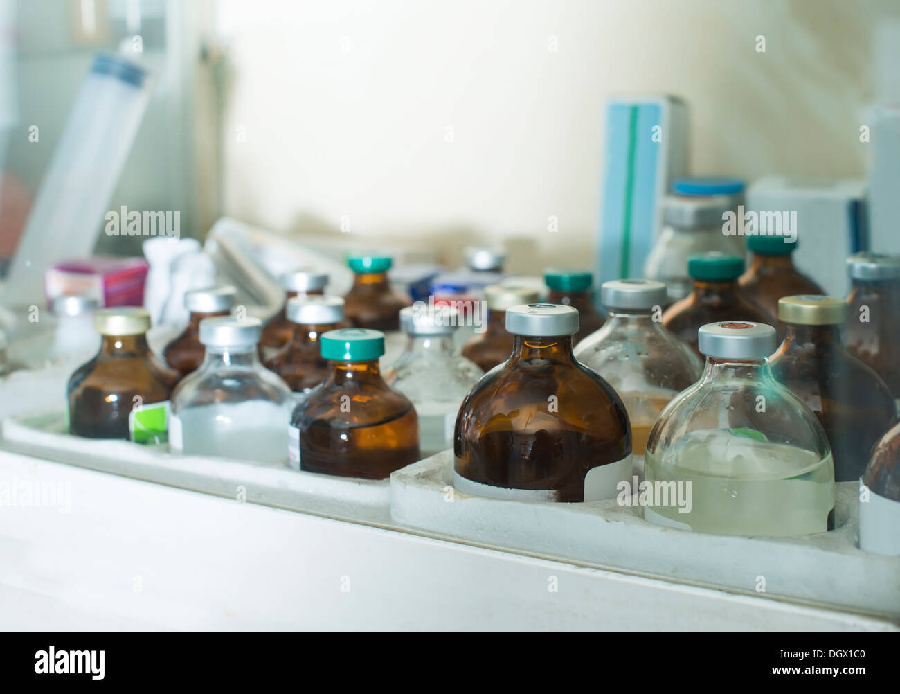 Drugs and vaccines in showcase. Veterinary office Stock Photo