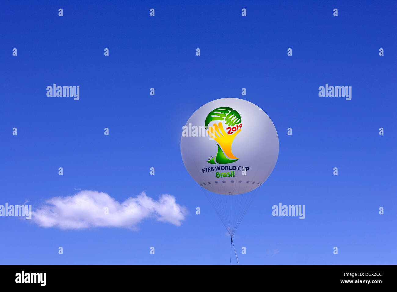 Tethered balloon with the FIFA logo of the Football World Cup 2014 in Brazil, Bavaria, Germany Stock Photo