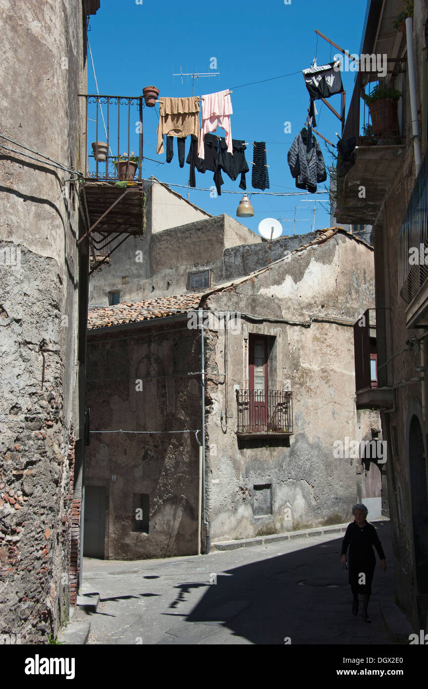 Laundry hanging to dry between houses, Randazzo, Sicily, Italy, Europe