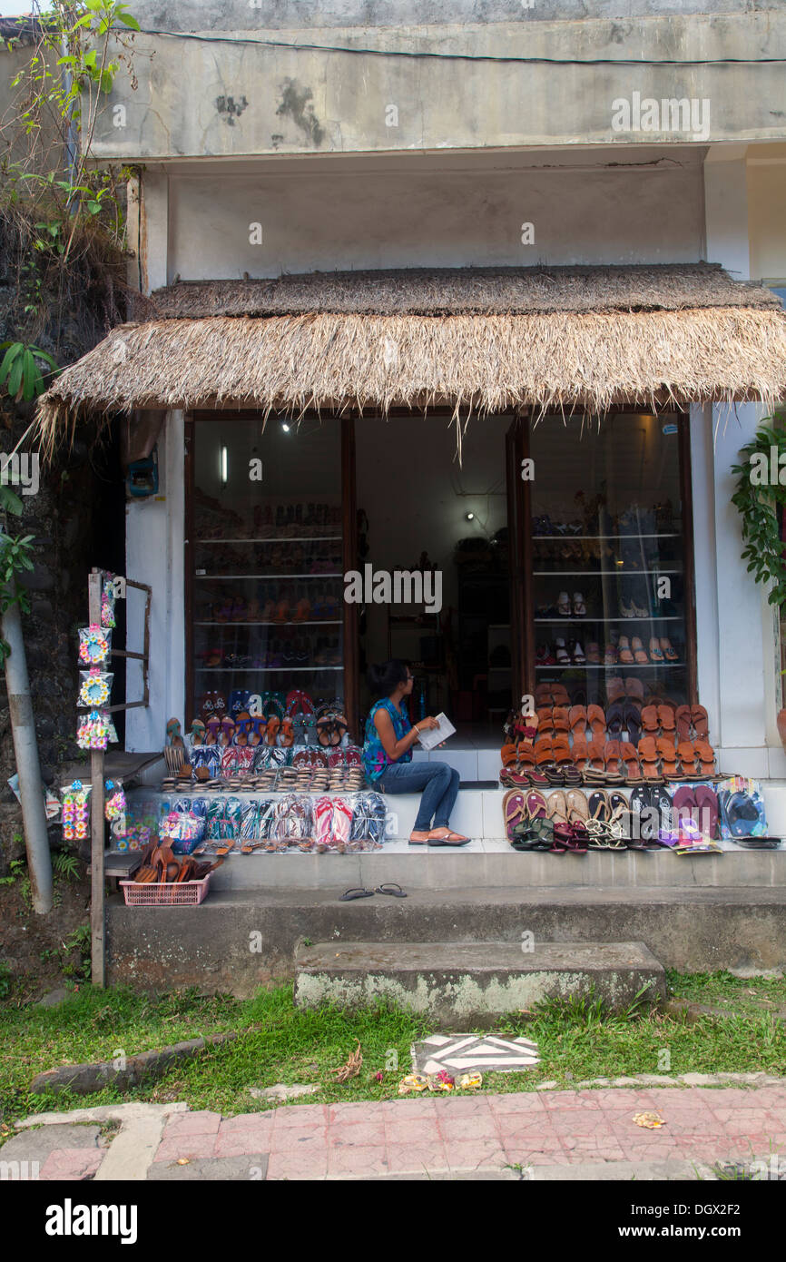 Shop display Ubud Bali Indonesia sell art clothes window cards posters ...