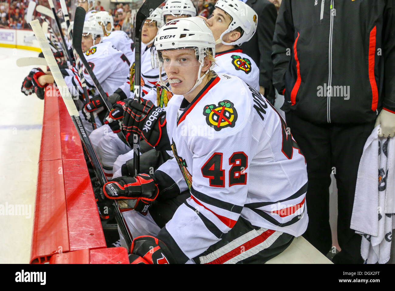 Chicago Blackhawk Joakim Nordstrom during an NHL hockey game during the 2013-2014 season Stock Photo