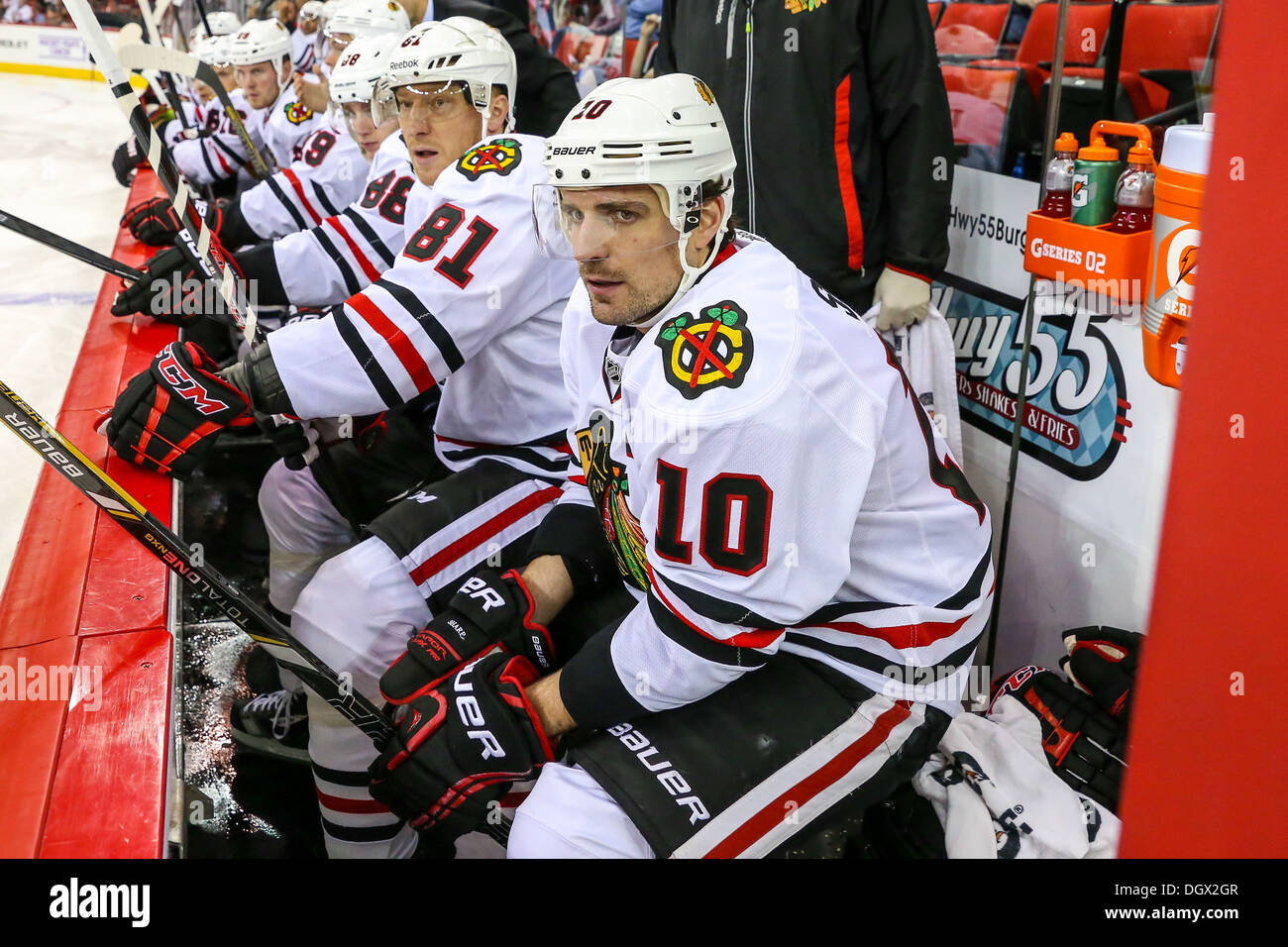 Chicago Blackhawk Patrick Sharp and Marian Hossa during an NHL hockey game during the 2013-2014 season Stock Photo