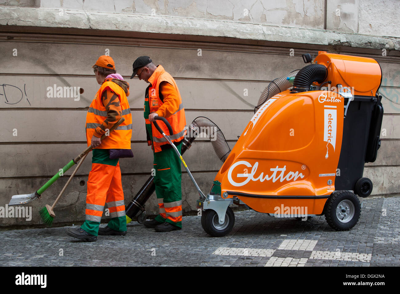 Cleaning crew Prague street, Czech Republic Stock Photo