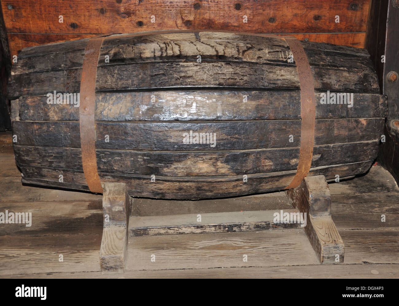 Old barrel used for storing whale oil on a whaling ship, Mystic Seaport, Connecticut, USA Stock