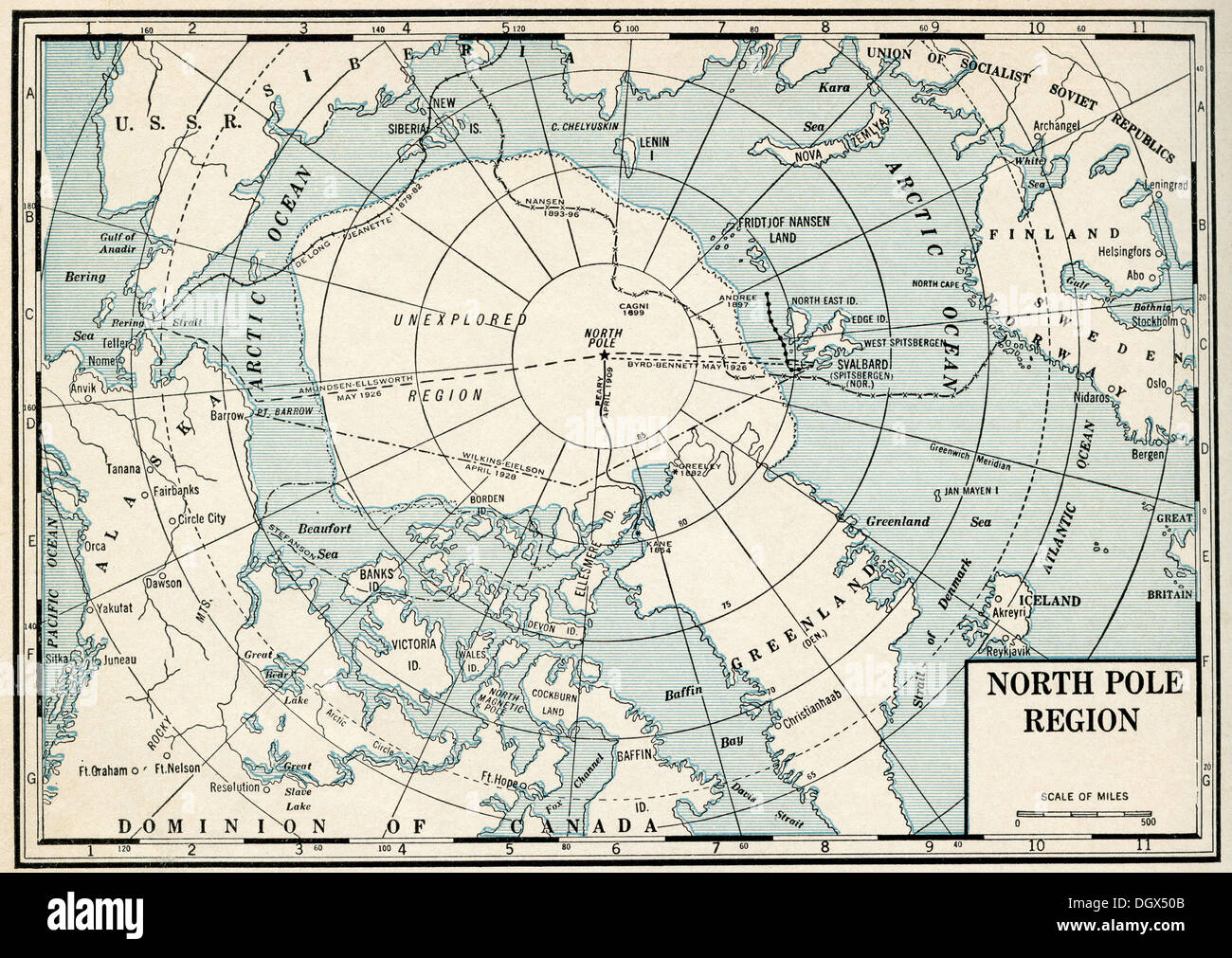 Old map of North Pole, Arctics, 1930's Stock Photo