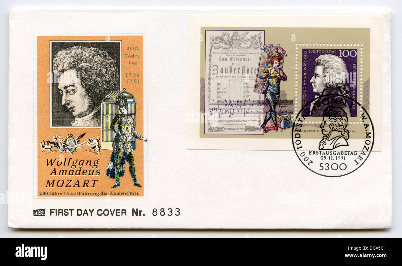 Germany First Day Cover envelope with stamp depicting Wolfgang Amadeus Mozart, Austrian composer Stock Photo