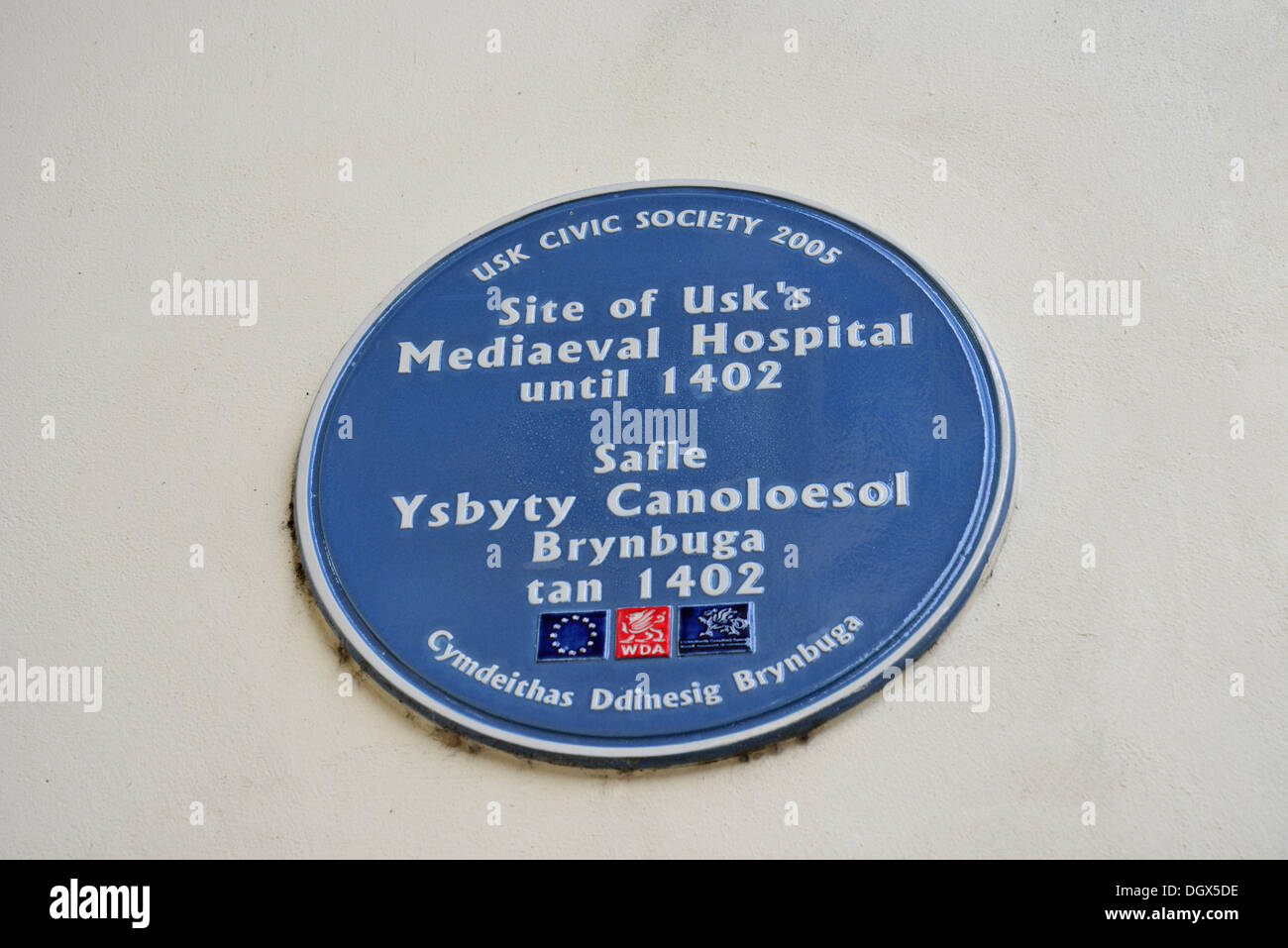 Site of Usk's mediaeval hospital plaque, Bridge Street, Usk, Monmouthshire, Wales (Cymru), United Kingdom Stock Photo