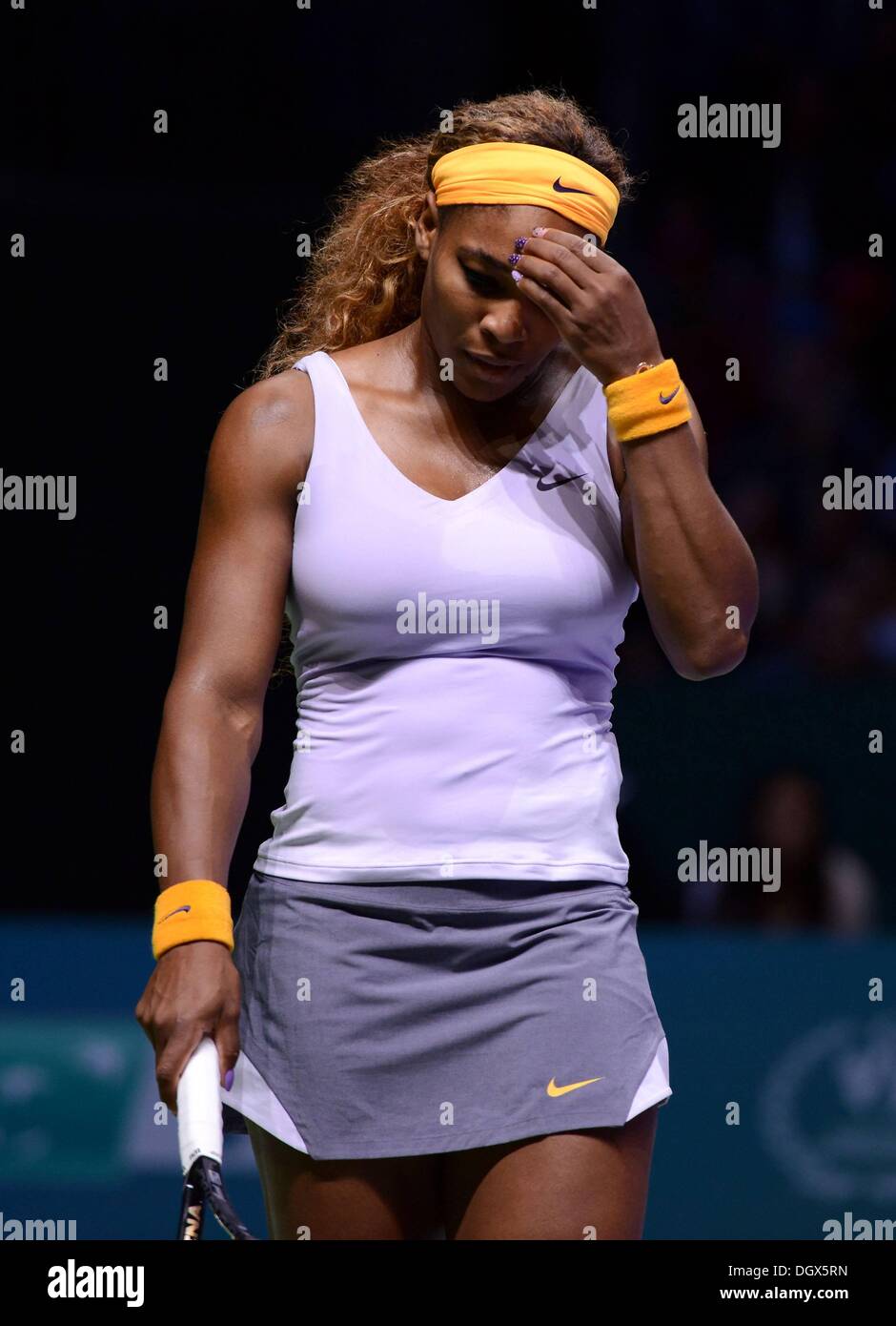 Serena Williams throws her racket after losing the second set tiebreak to  Victoria Azarenka of Belarus in the Woman's Final in Arthur Ashe Stadium at  the U.S. Open Tennis Championships at the