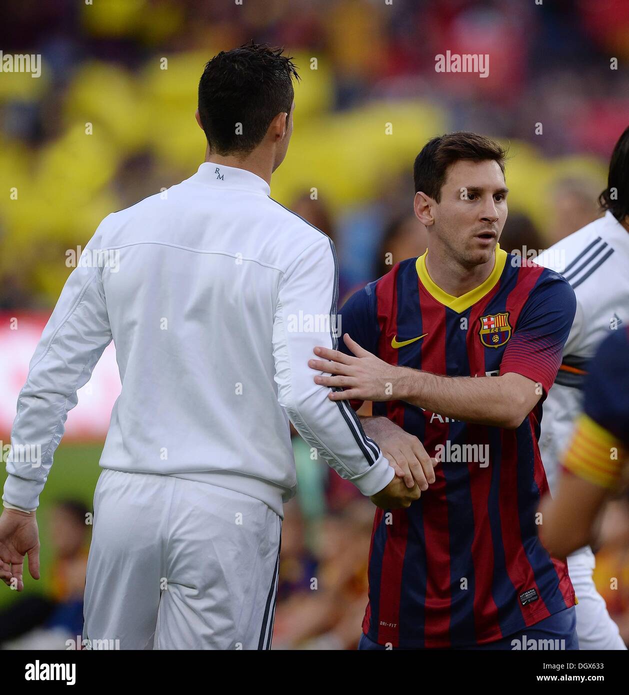 Barcelona, Spain. 26th Oct, 2013. La Liga El Clasico FC Barcelona versus Real Madrid. Lionel Messi right Barca shakes hands at the game end with Cristiano Ronaldo Real Madrid Credit:  Action Plus Sports/Alamy Live News Stock Photo