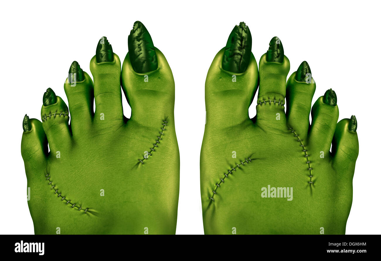 Zombie feet as a creepy halloween or scary symbol with textured green skin wrinkled monster toes and foot stitches isolated on a white background as a spooky design element. Stock Photo