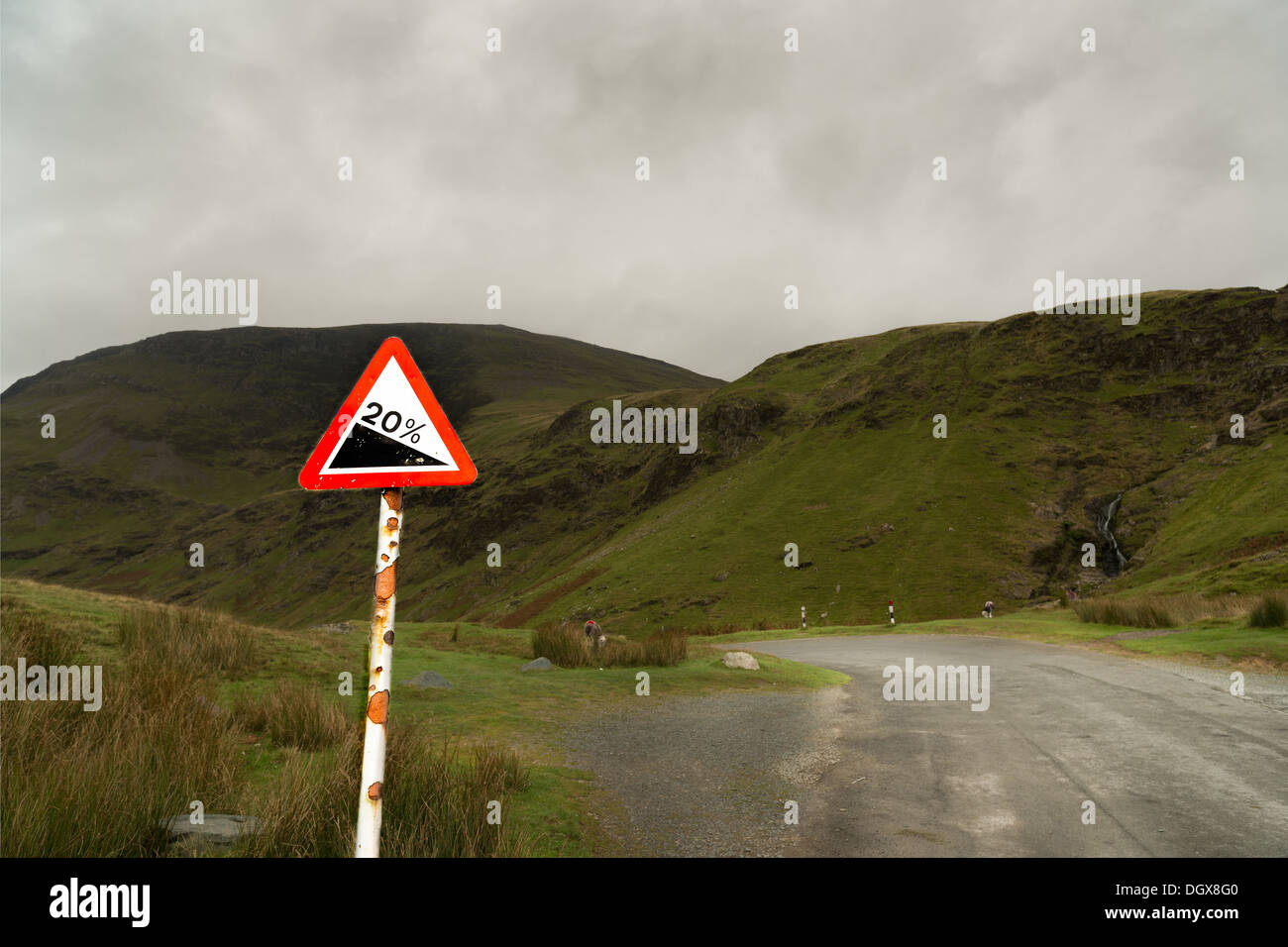 Warning sign indicating a 20% drop on the road from the top of a mountain pass. Stock Photo