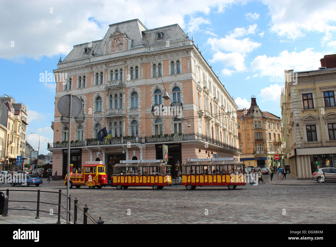 lively street with promenade tramway in the central part of Lvov Stock Photo