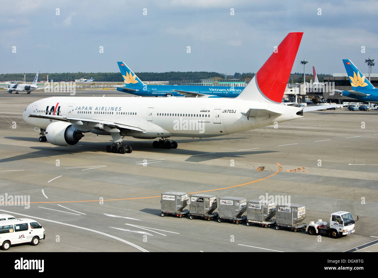 A Boeing 777 of Japan Airlines on the apron rolling to the start, Airport Tokyo-Narita, Tokyo, Japan, Asia Stock Photo