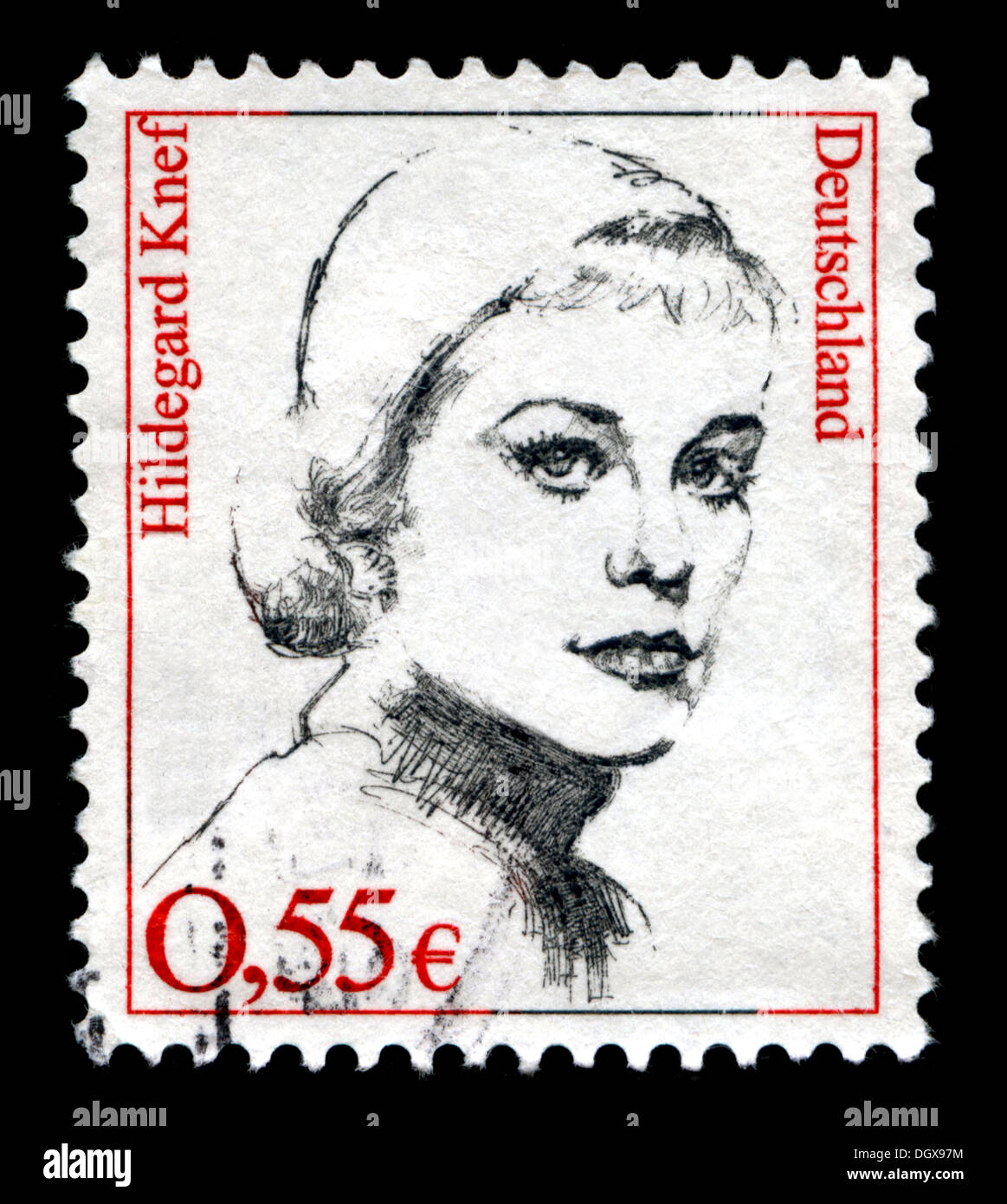 Germany postage stamp depicting Hildegard Knef, a German actress, singer, and writer Stock Photo