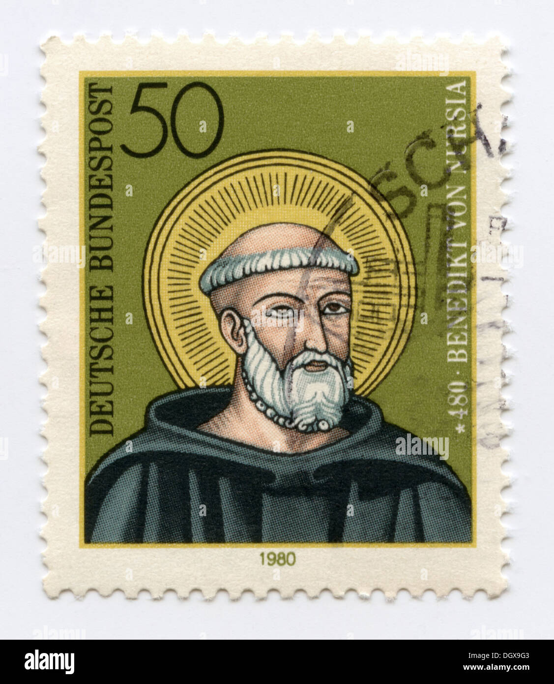 Germany postage stamp depicting Benedikt von Nursia ( Benedikt of Nursia ), a Christian saint Stock Photo