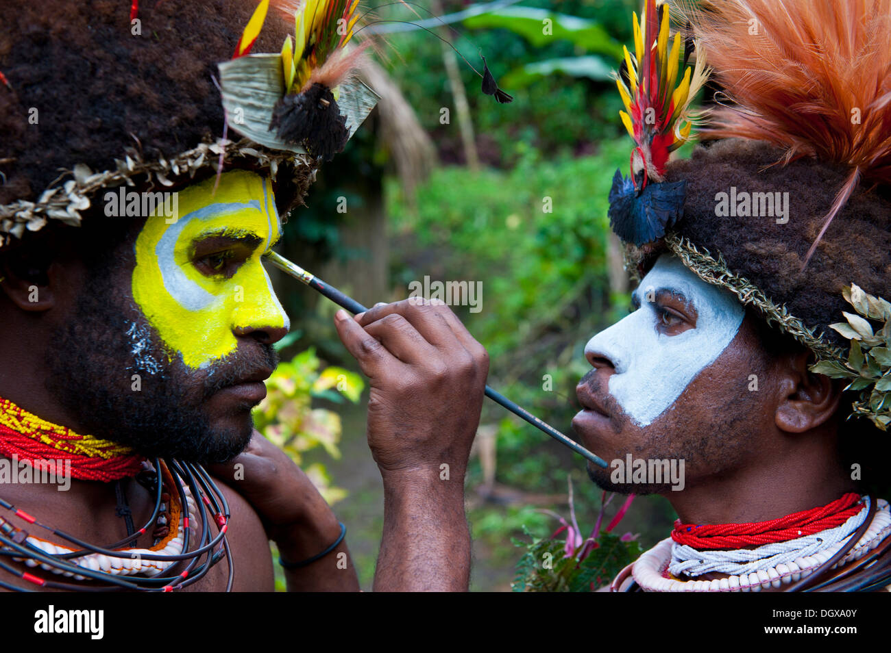 Man is made up for the traditional Sing Sing gathering in the highlands, Paya, Papua New Guinea Stock Photo