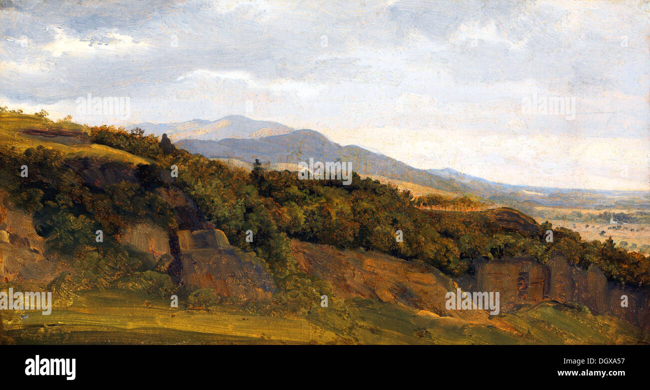 German Landscape with View towards a Broad Valley - by Fritz Petzholdt, 1830 Stock Photo